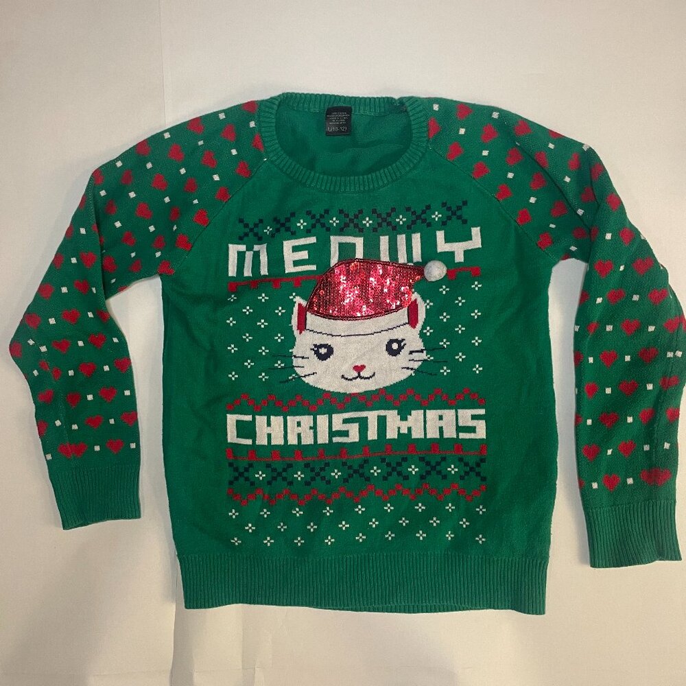 Girls Meowy Christmas Ugly Sweater Cat Green Red Holiday Heart Sequin L 10/12